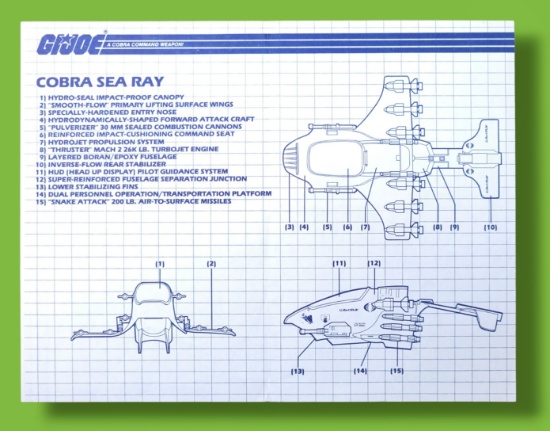 GI Joe Cobra Sea Ray Attack Submarine/Glider Vehicle Toy Vintage Hasbro Blueprints/Instructions