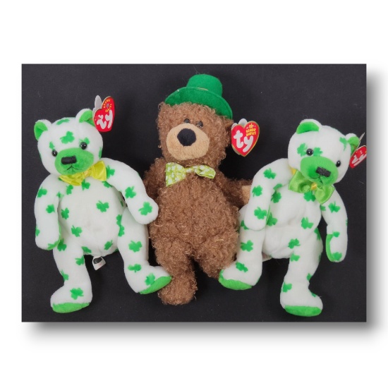 Vintage Ty Beanie Babies St. Patrick's Day Bear Lot - Lucky O'Day & Clover Variant Plush Bear Toys