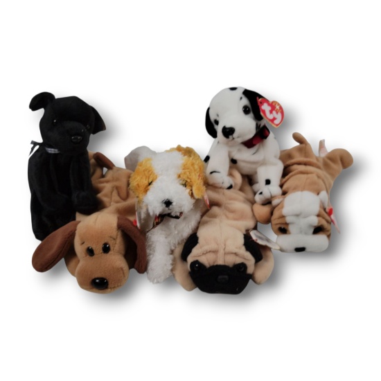 Vintage Ty Beanie Babies Dog Grouping w/ Bones, Alps, Luke, Darling, Wrinkles & Pugsly Variants
