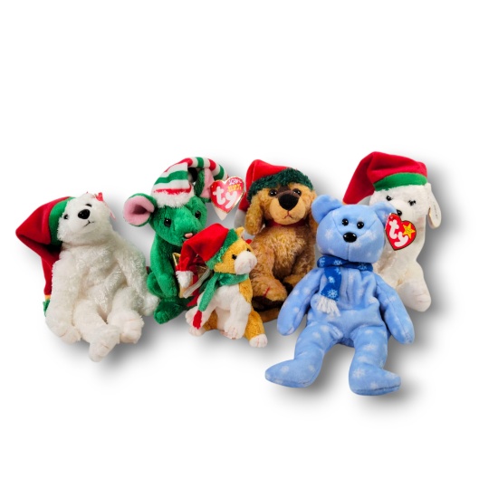 Vintage TY Beanie Babies Holiday Collectible Plush Grouping - Jinglepup, Snowdrift, Holiday +
