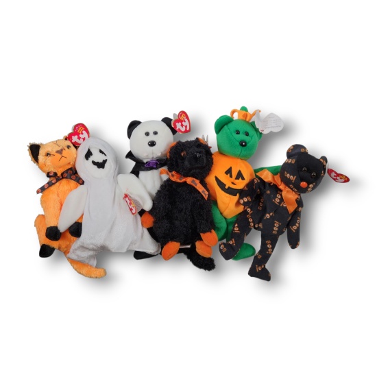Vintage Ty Beanie Babies Halloween Plush Grouping -Tricky, Yikes, Count, Sheets, Scared-E & Fraidy
