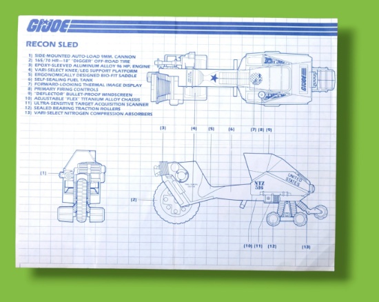GI Joe Recon Sled Military Vehicle Toy Vintage Hasbro Blueprints/Instructions
