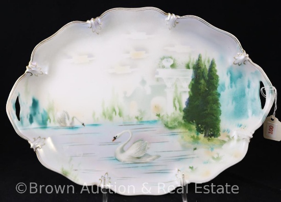R.S. Prussia 13"l x 9.25"w tray with dbl. pierced handles, Swans on satin finish, red mark