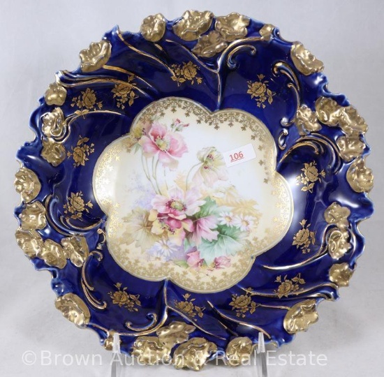 R.S. Prussia Mold 57 cobalt bowl, 10.25"d, mixed floral d?cor w/heavy gold trim, circle mold mark