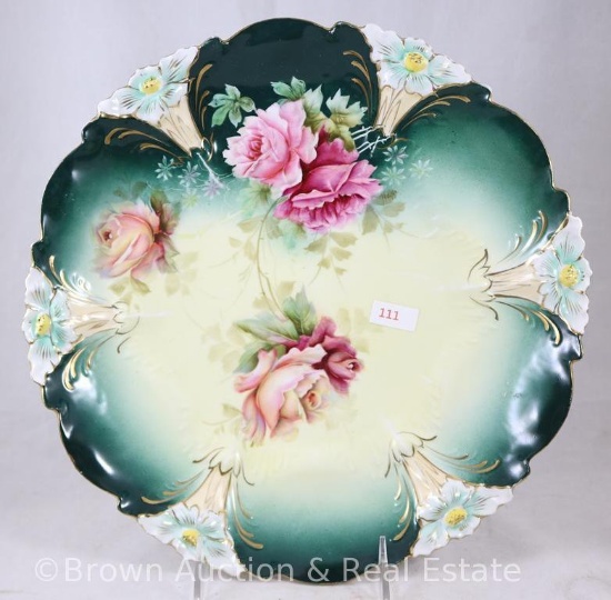 R.S. Prussia Mold 29 plate, 12"d, large pink roses on shaded green with dark green border finish,