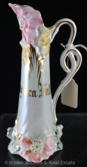 Unm. Porcelain 6"h Niagara Falls souvenir ewer, pink and yellow floral mold