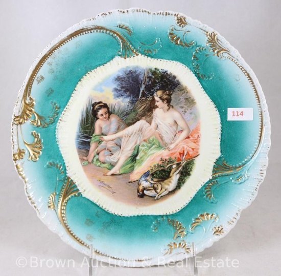 Mrkd. St. Kilian Germany 10"d plaque, semi-nudes by F. Boucher, great turquoise wide border with