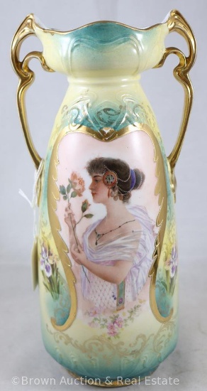 Mrkd. Germany 10.75"h vase with gold dbl. handles (ES Germany mold), Woman holding rose, nice green