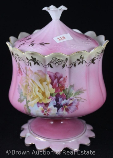 Mrkd. Germany Saxe Altenburg 8"h biscuit/cracker jar, Steeple Mold 12, mixed floral d?cor on pink