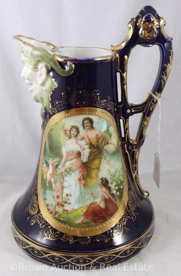 Rare Royal Vienna cobalt North Wind 9.5"h tankard/pitcher, Classical scenic d?cor of woman sitting