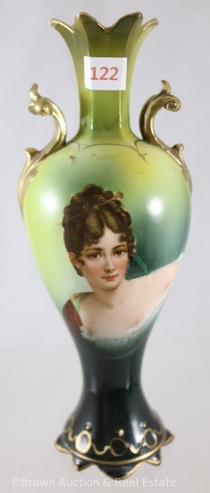 Mrkd. Royal Vienna Germany Art Nouveau 8"h vase w/dbl. green handles, Madame Recamier on green tones
