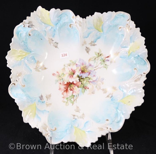 R.S. Prussia OM heart-shaped 10.25"d bowl with blue and yellow molded floral border and