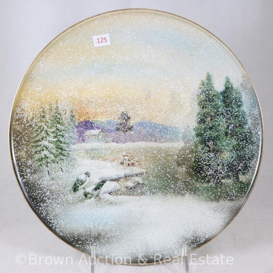 Mrkd. R.S. Germany 11"d plate, Snowbirds and Pines scene with overall white enameled finish