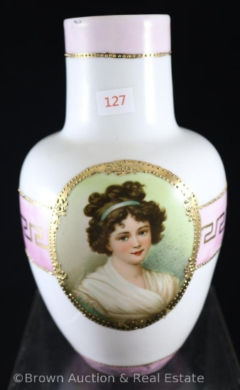 Mrkd. Royal Vienna Germany 8.5"h vase, LeBrun I portrait on white with pink bands at top, bottom and