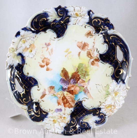 Unm. RSP Old style cobalt 9.25"d cake plate with floral border mold, autumn foliage and blackberry