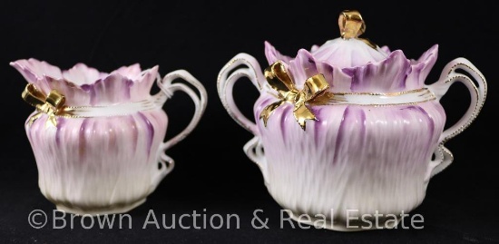R.S. Prussia Mold 504 3.5"h creamer and cov. sugar, white to shaded purple top, gold "Bow Tie"