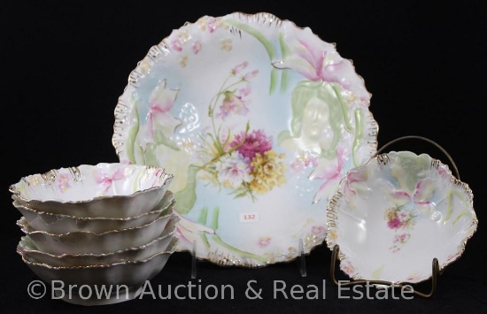 R.S. Prussia Hidden Image 7 pc. Berry set, multi-colored flowers: 10.5"d master and (6) 5.25"d small