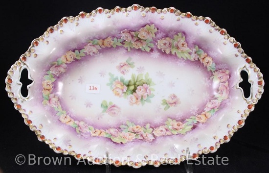 R.S. Steeple Mold 26 bun tray, 12.75" x 8.25", pink roses in center circled by roses on lower body