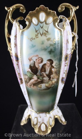 R.S. Prussia 9"h vase with dbl. gold handles, Melon Eaters with single Melon Eater on reverse, 12