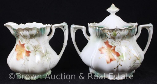 R.S. Prussia Mold 503 4"h creamer and cov. sugar, rust and white flowers with gold enamelled stems