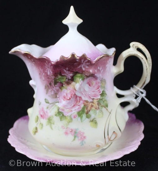 R.S. Prussia OM 5.5"h syrup with underplate, pink roses on cream with lavender finish