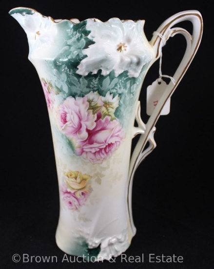 R.S. Prussia Carnation Mold 526 tankard, 11.5" tall, large pink and yellow roses, dark green finish,