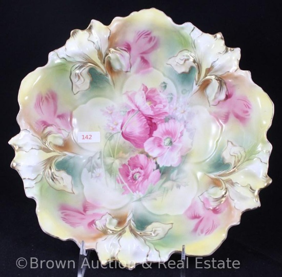 R.S. Prussia Iris Mold 25 bowl, 10.75"d, pink Poppies on yellow and green finish, nice gold