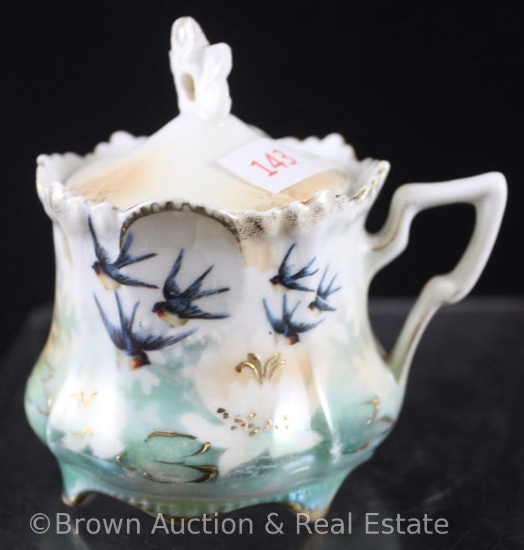 R.S. Prussia Medallion Mold 631 mustard pot, 3.5"h, Swallows over white flowers with gold enamelled