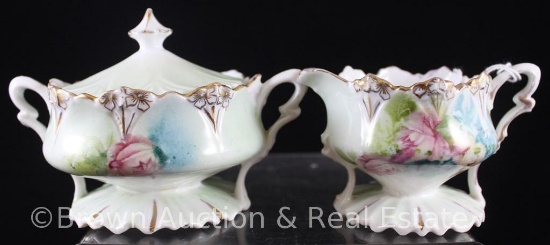 R.S. Prussia Mold 664 miniature 2.5"h creamer and cov. sugar, pink and yellow roses on white with