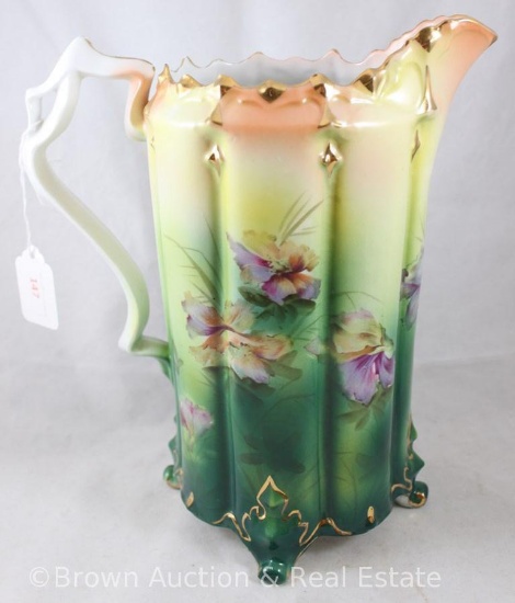 Mrkd. R.S. Germany 10"h lemonade pitcher, purple and autumn colored flowers on dark green to yellow