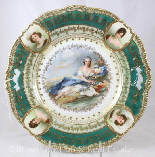 R.S. Prussia Mold 343 cake plate, 11"d, Flora featured in center, green border band with Greek Key
