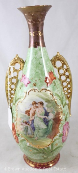 Mrkd. Royal Saxe Germany 12"h dbl. handled vase with Mythological scene, embossed rust and pink
