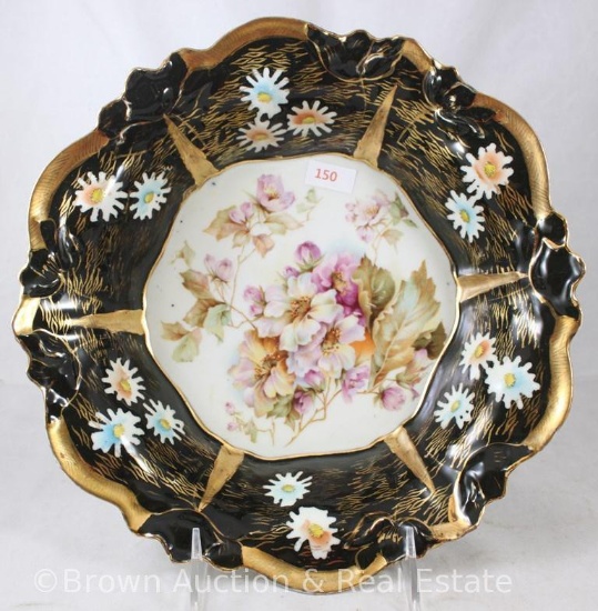 R.S. Prussia 10.5"d bowl, floral d?cor with black border finish, heavy gold details, circle mold