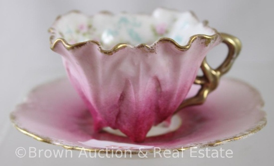 R.S. Prussia demi-cup and saucer, dainty pink and blue flowers interior/exterior is shades of pink,