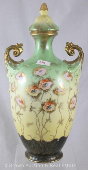 Mrkd. E.S. Germany 12" tall covered urn, dbl. gold handles, rust colored flowers with long gold
