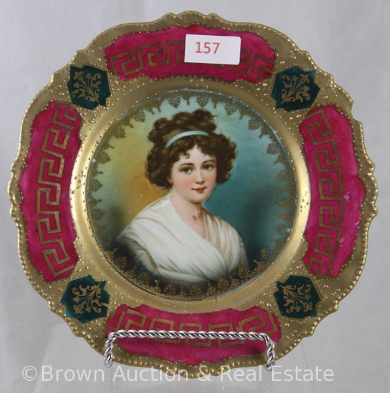 R.S. Prussia Mold 343 portrait 6.5"d plate, LeBrun I, Greek Key design on wine and green border