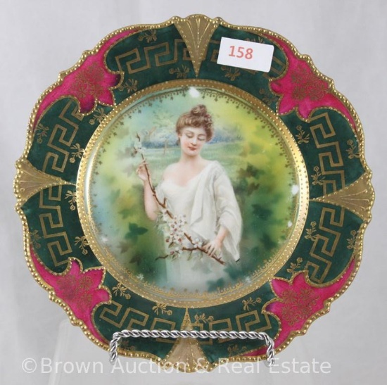 R.S. Prussia 6.5"d plate with Spring Season portrait, Greek Key design on wine and green border