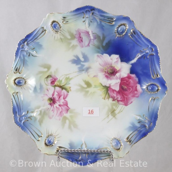 R.S. Prussia Ribbon and Jewel Mold 18 plate, 8.75"d, pink roses, great blue finish on border and