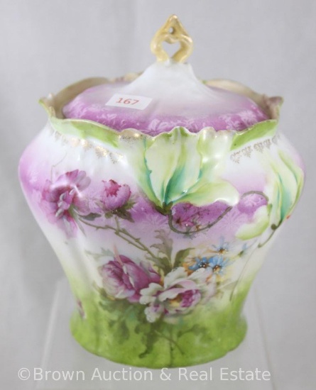 R.S. Prussia 7"h biscuit/cracker jar with floral border mold, purple and white flowers on purple and