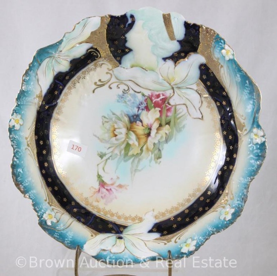 R.S. Prussia Hidden Image 10"d bowl, multi-colored flowers/cobalt band and dark blue border with