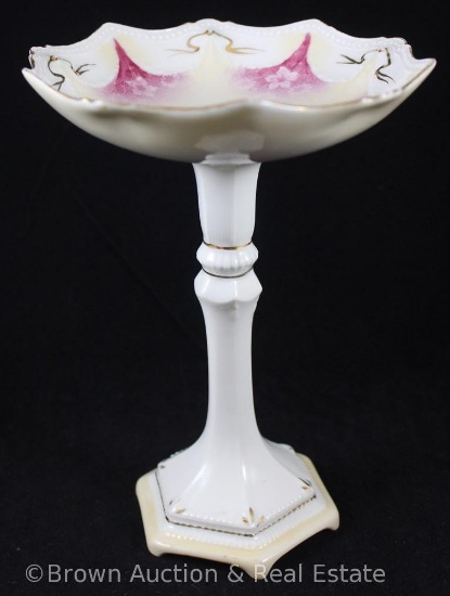 R.S. Prussia Swag and Tassel Mold 7"h dainty compote, Reflecting Poppies and Daisies with rose