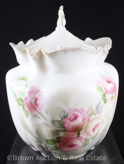 R.S. Prussia Mold 540 biscuit/cracker jar, 8"h, large pink and white roses on white satin finish,