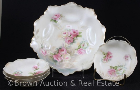 R.S. Prussia Mold 252 berry set, pink and white roses on white satin finish, red mark: 10"d master