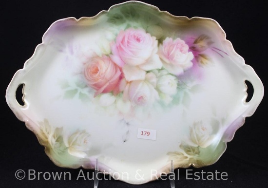 R.S. Prussia dresser tray, 12.5"l x 9"w, large white and pink tinted roses, nice green and lavender