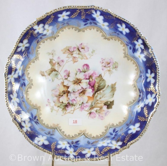 R.S. Prussia Mold 343 cobalt bowl, 10.25"d, floral d?cor with lots of gold trim and stencilling,