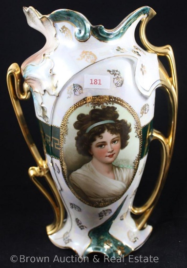 Mrkd. Royal Vienna Germany 12"h dbl. handled vase in Mold 944, LeBrun I portrait on irid. White