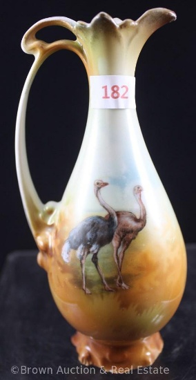 Unm. R.S. Prussia Mold 900 6.25"h ewer, Ostriches on brown tones