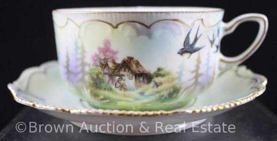 Unm. RSP Mold 304 coffee cup and saucer, Mill scene with Swallows - Pretty colors