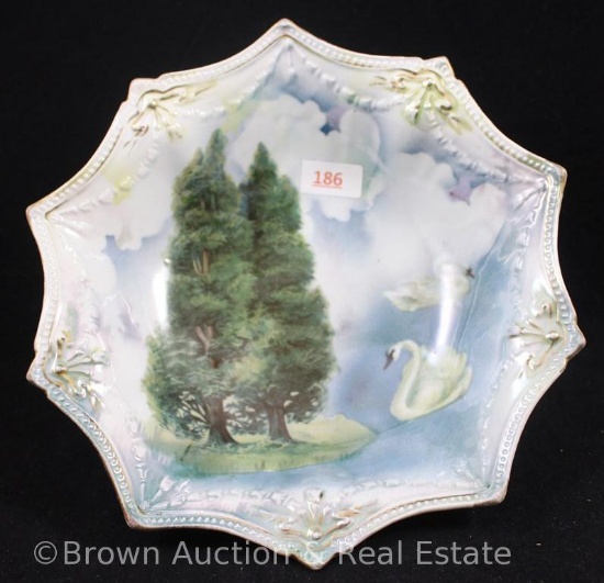 R.S. Prussia Mold 155 3-ftd. Bowl, 7.5"d x 2.5" tall, Swans and Evergreens - Sweet piece!