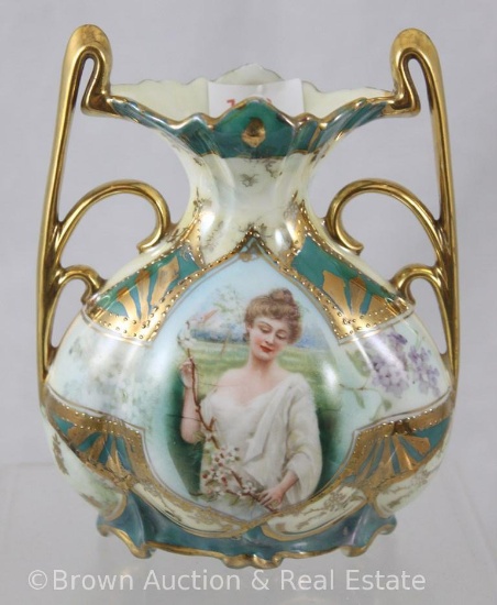 R.S. Prussia Art Nouveau 5"h vase with dbl. gold handles, Spring Season portrait/band of dainty